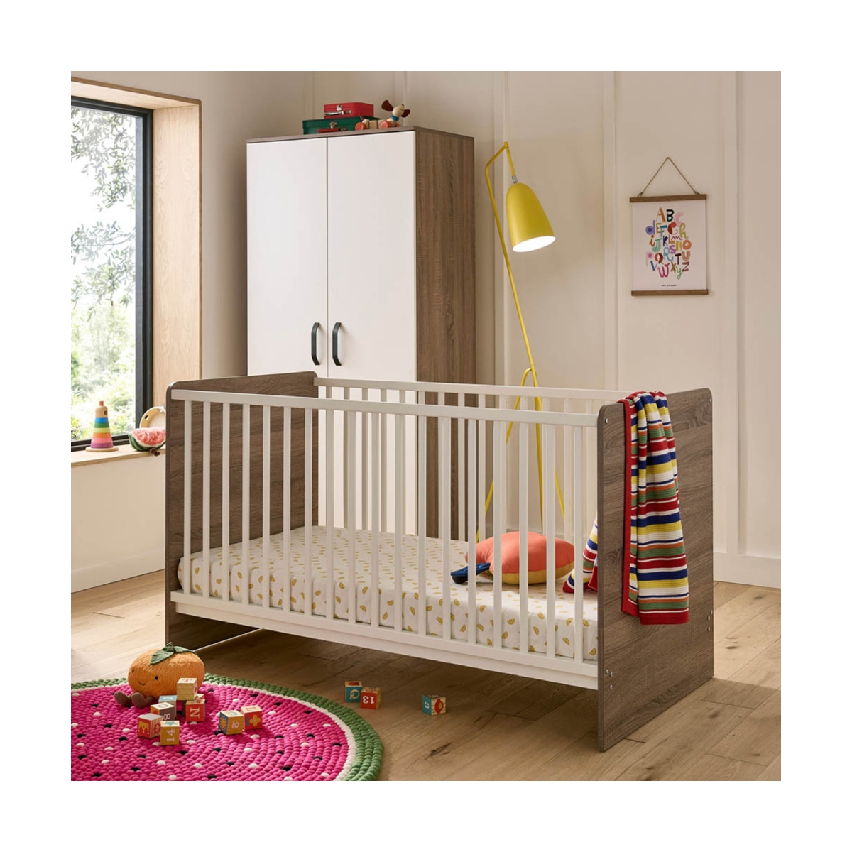 CuddleCo Enzo Cot Bed-Truffle Oak/White - Everything Baby